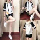 Set: Color Block Hooded Short-sleeve T-shirt + Shorts