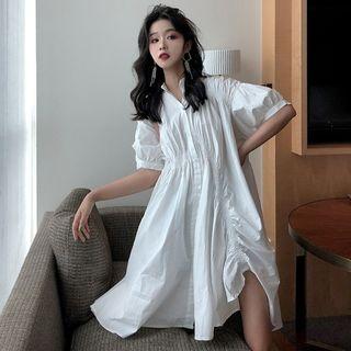 V-neck Single-breasted Puff-sleeve Dress White - One Size
