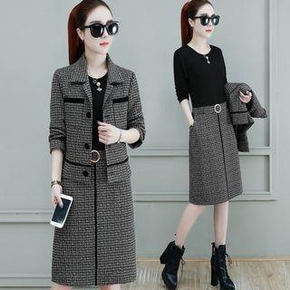 Set: Houndstooth Blazer + Zip-up A-line Skirt