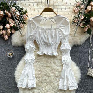 Lace-up Strap Ruched Bell-sleeve Short-sleeve Top