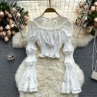Lace-up Strap Ruched Bell-sleeve Short-sleeve Top