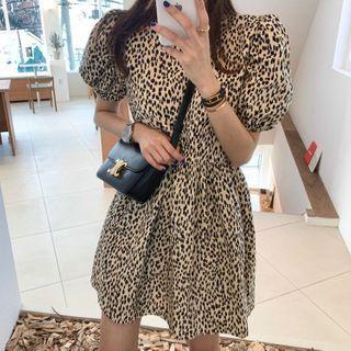 Short-sleeve Leopard Print Mini A-line Dress Black Leopard - Beige - One Size