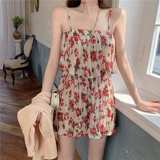 Plain Cardigan / Flower Print Spaghetti Strap Playsuit