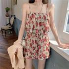 Plain Cardigan / Flower Print Spaghetti Strap Playsuit