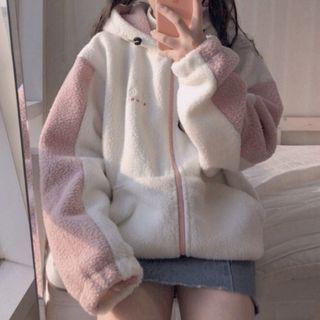 Color-block Embroidered Fleece Jacket As Shown In Figure - One Size