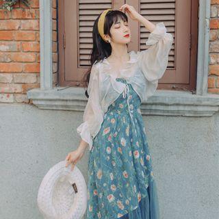 Set: Floral Spaghetti Strap Mesh Panel Midi A-line Dress + Tie-front Cropped Jacket