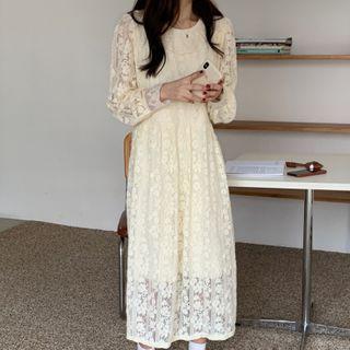 Crewneck Long-sleeve Lace Dress