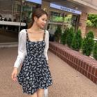 Set: Tie-front Bolero + Flared Floral Minidress Black - One Size