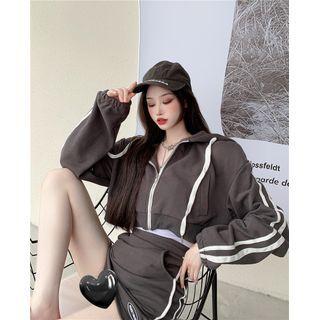 Set: Striped Zip Jacket + Pencil Skirt Jacket - Gray - One Size / Skirt - Gray - One Size