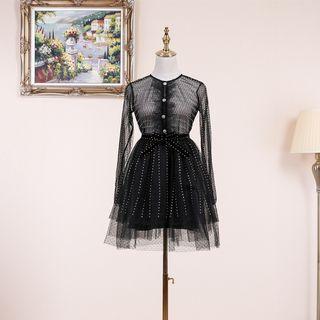 Long-sleeve Rhinestone A-line Mini Dress