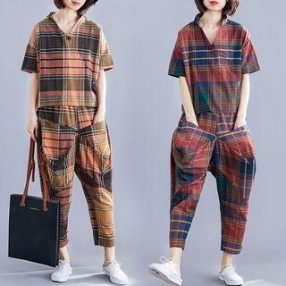 Set: Short-sleeve Plaid Top + Plaid Harem Pants