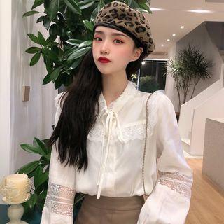Flared-cuff Lace Panel Blouse White - One Size