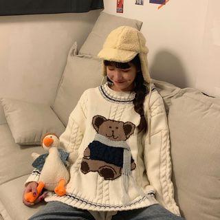Bear Print Tasseled Sweater White - One Size