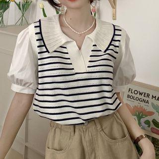 Mock Two-piece Short-sleeve Striped Blouse Stripe - Blue & White - One Size
