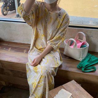 3/4-sleeve Floral Print Midi Dress Yellow - One Size