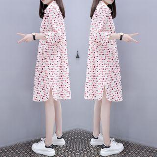 3/4-sleeve Dotted Midi A-line Shirt Dress