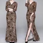 Leopard Long-sleeve Maxi Sheath Dress