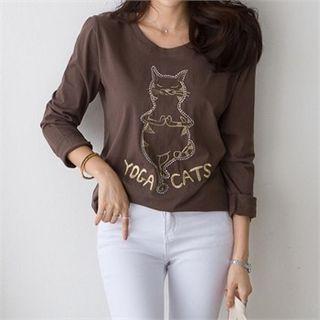 Sequined Cat-embroidered T-shirt