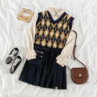 Plain Long-sleeve Blouse / Argyle V-neck Vest / High-waist Pleated Skirt