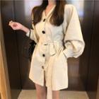 Long-sleeve V-neck Coat Dress With Belt Khaki - One Size