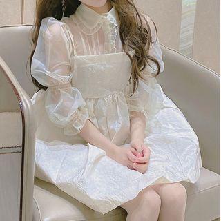 Puff-sleeve Sheer Blouse / Mini Overall Dress