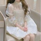 Puff-sleeve Sheer Blouse / Mini Overall Dress