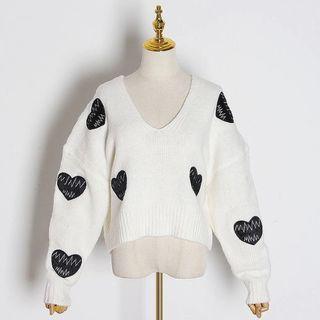 Lantern Sleeve Heart Embroidered V Neck Sweater