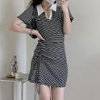 Short-sleeve Collar Striped Mini Sheath Dress