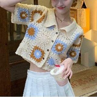 Short-sleeve Crochet Knit Top Almond - One Size
