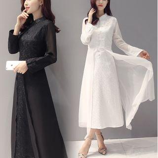 Long Sleeve Mandarin Collar A-line Midi Dress
