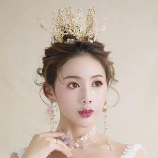Wedding Set: Embellished Branches Tiara + Fringed Earring Tiara & Clip On Earring - One Size