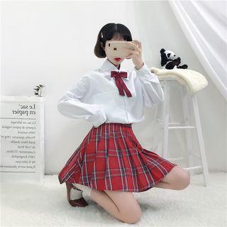 Bow Accent Shirt/ Plaid Pleated Mini A-line Skirt/ Cape-sleeve Jacket