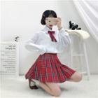 Bow Accent Shirt/ Plaid Pleated Mini A-line Skirt/ Cape-sleeve Jacket