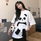 Elbow-sleeve Panda Embroidered T-shirt