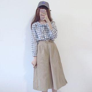 Tie-neck Plaid Shirt / Capri Wide-leg Pants