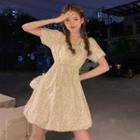 Set: Short-sleeve Flower Print Mini A-line Dress + Faux Pearl Crossbody Bag