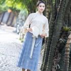 Set: 3/4-sleeve Lace Trim Hanfu Top + Plaid Midi A-line Skirt