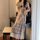 Spaghetti Strap Floral Midi A-line Dress / Sleeveless Mesh Midi A-line Dress