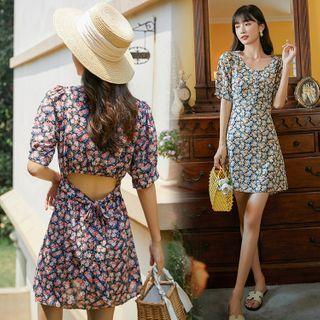 Elbow-sleeve Flower Print Mini A-line Dress