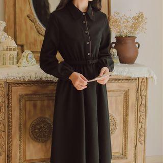 Letter Embroidered Belted Midi A-line Shirtdress