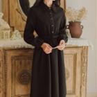 Letter Embroidered Belted Midi A-line Shirtdress