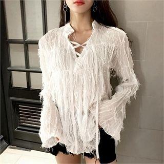 Lace Up Detail Fringed Sheer Blouse