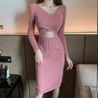 V-neck Long-sleeve Cut-out Sheath Dress