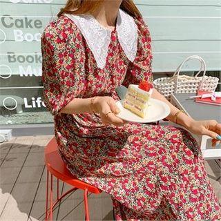 Lace-collar Floral Print Dress Red - One Size