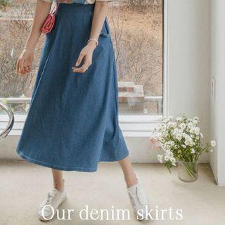 Frill-trim Flared Denim Long Skirt