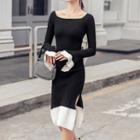 Two-tone Sheath Rib Knit Dress Black - One Size