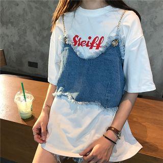Fray Chain-strap Cropped Denim Camisole Top