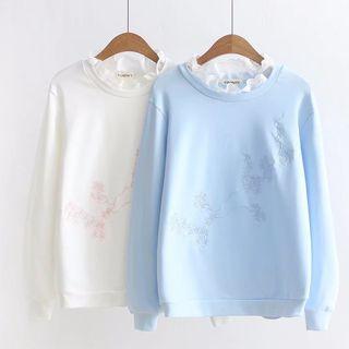 Mock Two-piece Frill-trim Embroidered Sweatshirt