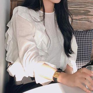 Ruffle Plain Long-sleeve Shirt As Shown In Figure - One Size