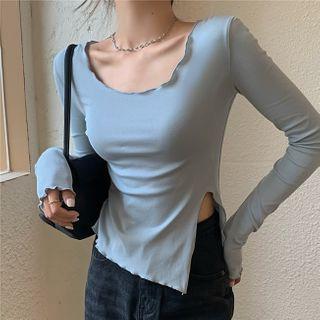 Long-sleeve Scoop-neck Knit Slit Top